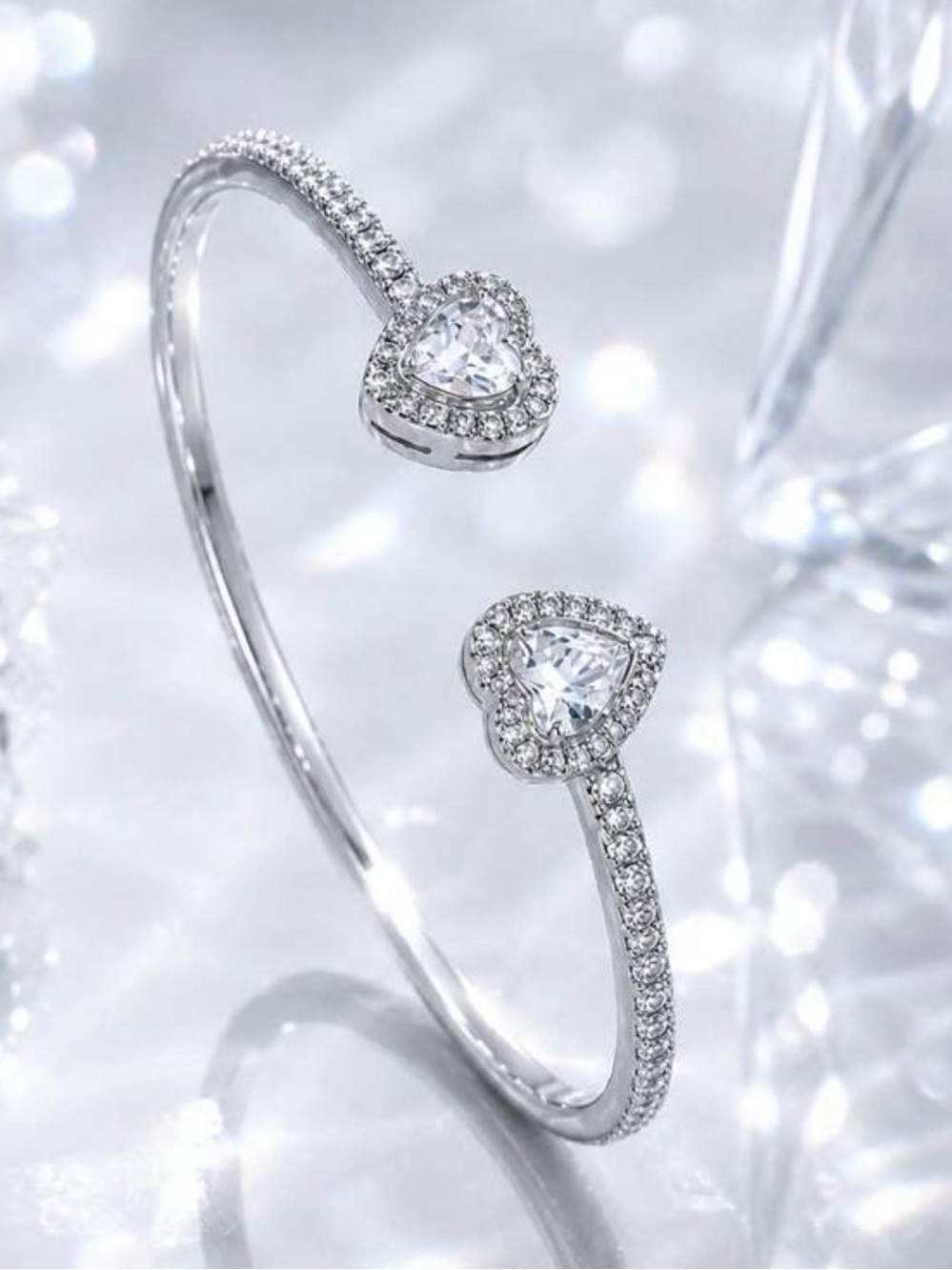 Silver Heart Open Cuff Bracelet with CZ Stones